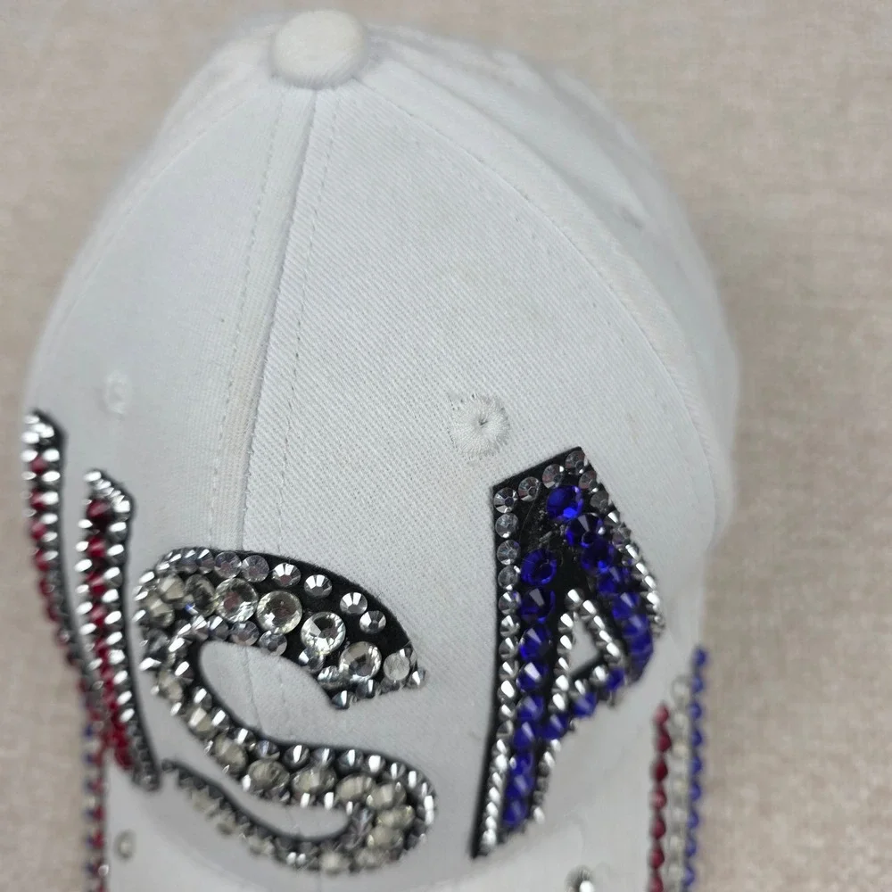 USA Rhinestone Baseball Cap White Patriotic Red Blue Crystal Adjustable Hat